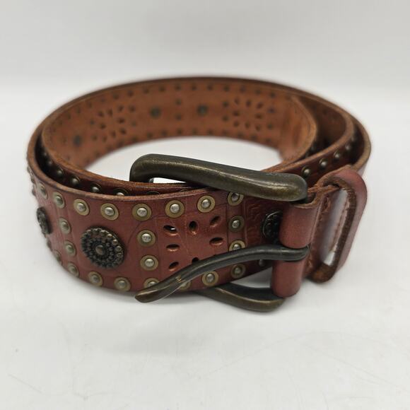 Fossil Women's Leather Laser Cut Studded Belt Western Bohemian Brown Medium - Picture 2 of 6